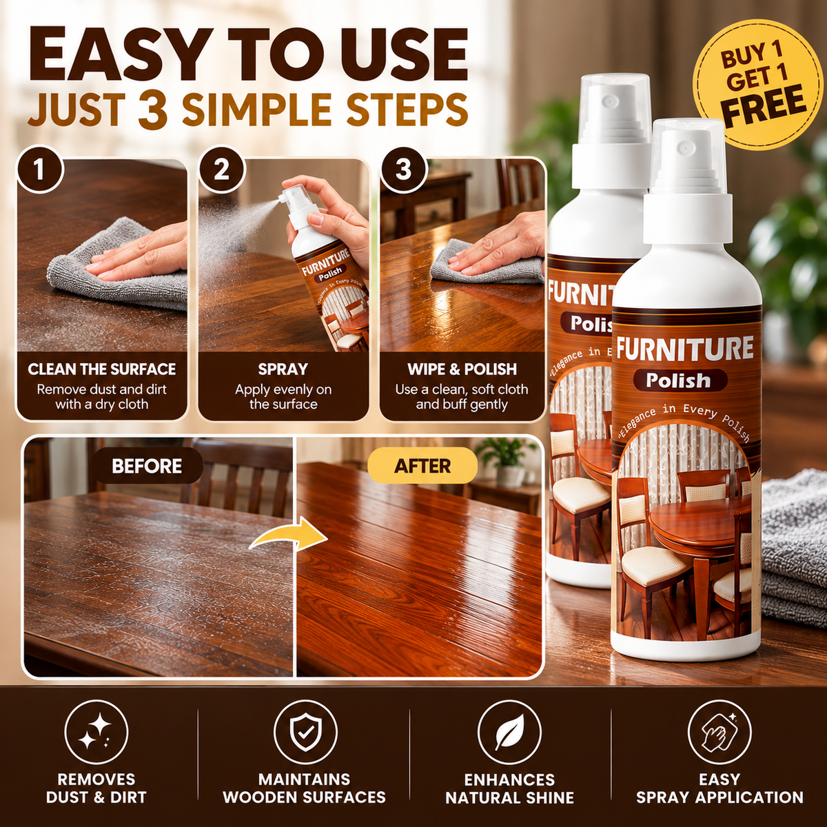 WoodCare Furniture Polish Spray – Buy 1 Get 1 FREE